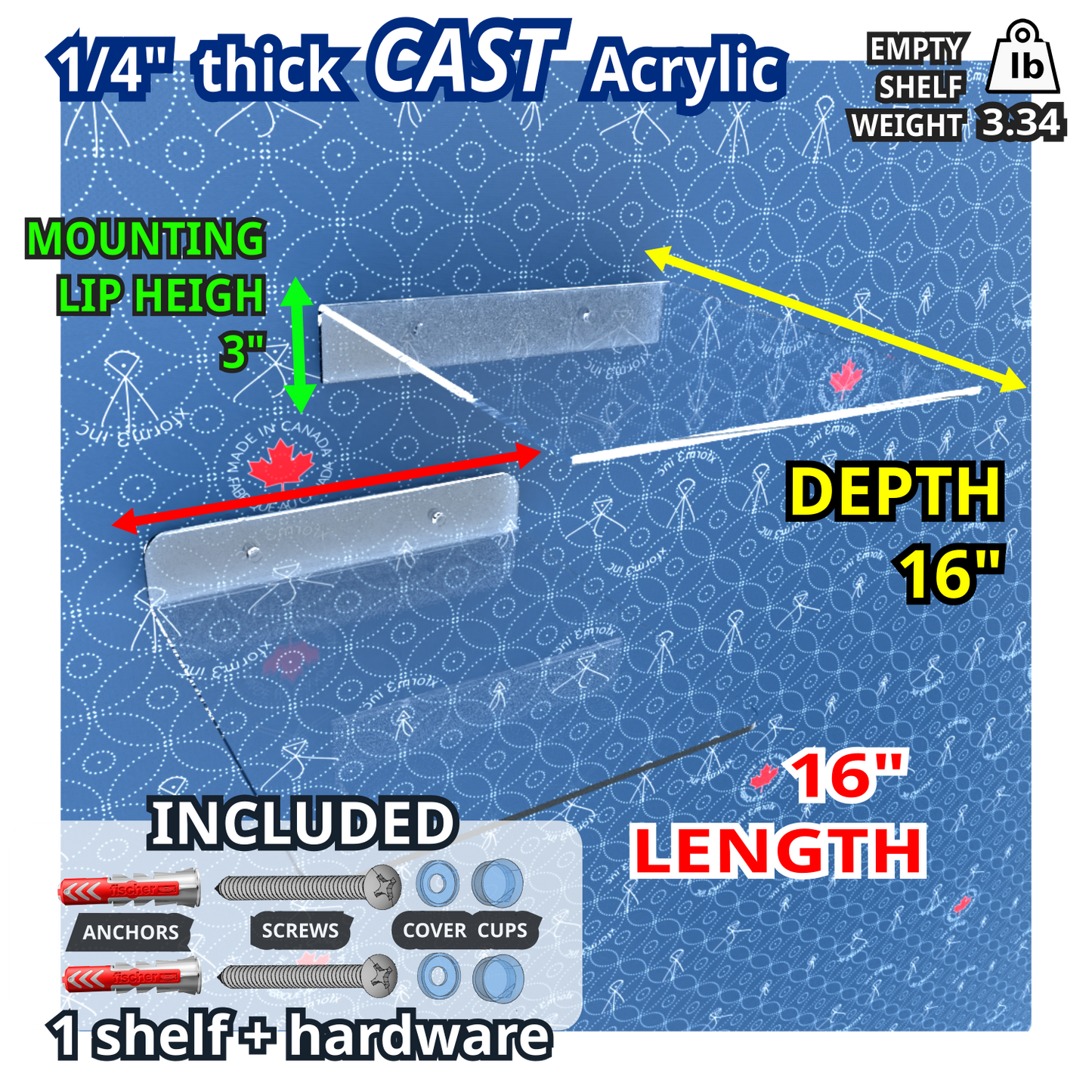 16 inch long floating clear acrylic wall shelf