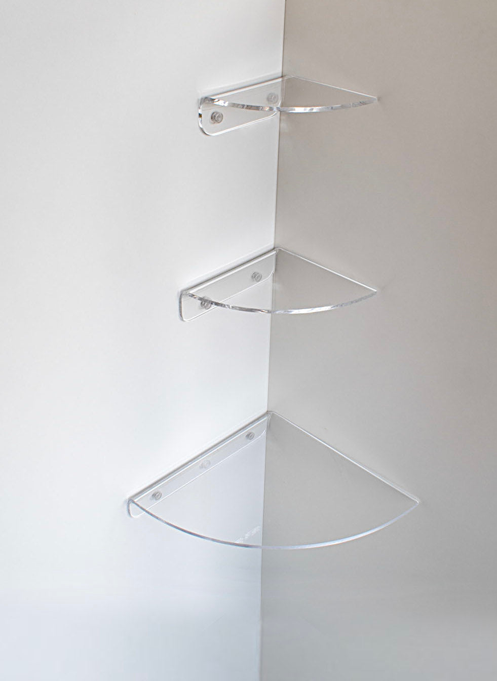 Quater-moon rounded floating clear acrylic corner shelf