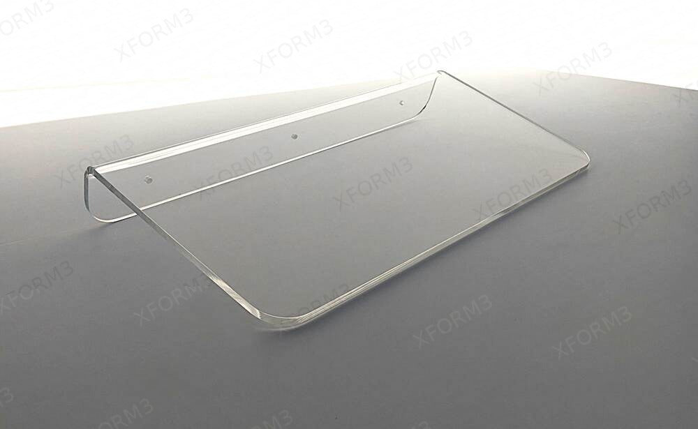 Clear acrylic shelf with rounded front corners and three mounting holes