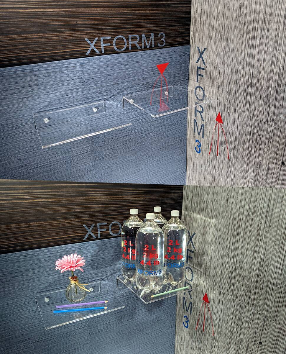 Mounted clear shelves photographed with objects and water bottles