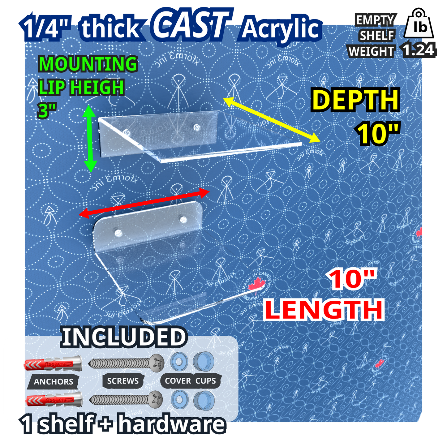 10 inch long Floating clear acrylic wall shelf