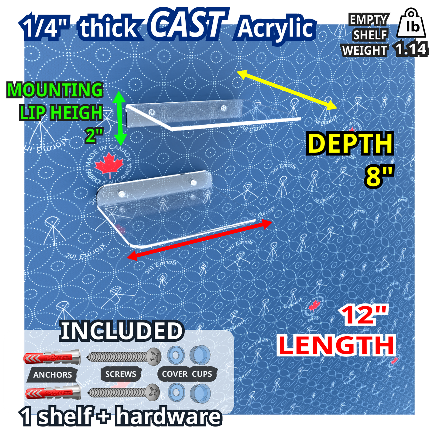 12 inch long floating clear acrylic wall shelf