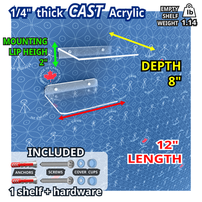 12 inch long floating clear acrylic wall shelf