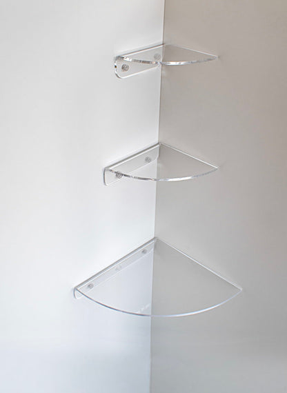 Quater-moon rounded floating clear acrylic corner shelf